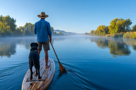 Man and dog enjoying a peaceful paddleboarding adventure on a serene lakeの素材