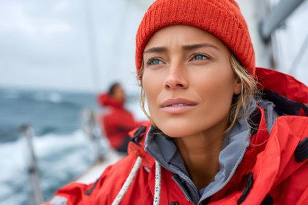 Focused sailor in red gear braving the stormy seaの素材