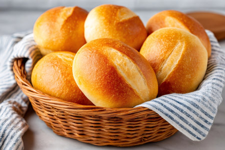 Freshly baked golden brown dinner rolls sit in a wicker basket, creating a cozy and inviting sceneの素材