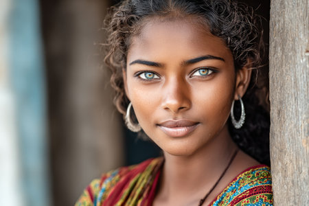 Portrait of a captivating young woman with mesmerizing blue eyes, showcasing her unique beauty and cultural heritageの素材