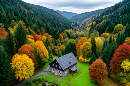 Cozy cabin surrounded by colorful autumn trees in a lush forest valleyの素材