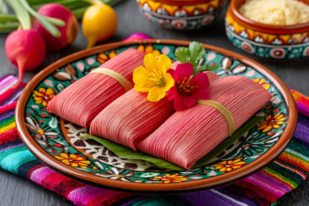 Delicious pink tamales served on a vibrant plate, showcasing the rich culinary heritage of Mexicoの素材