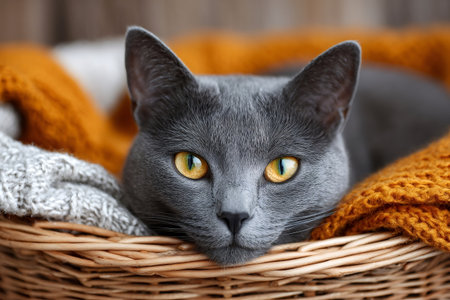 Gray cat with striking yellow eyes resting comfortably in a wicker basket adorned with soft knitted blankets, enjoying a moment of tranquilityの素材