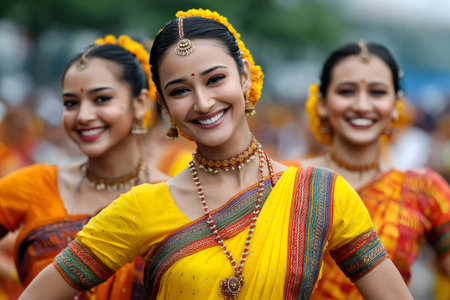 Group of Indian women wearing yellow sari and flower garland, performing a traditional dance during a festival in Indiaの素材