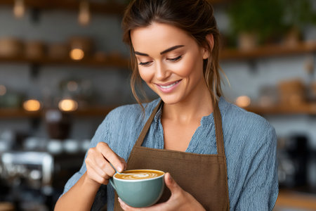 Barista stirring cappuccino with latte art, smiling and working in a coffee shopの素材