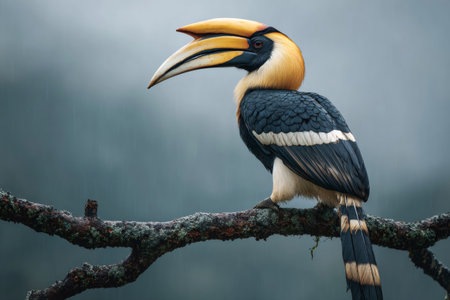 Great hornbill perched on a mossy branch while it's raining in an Asian forestの素材