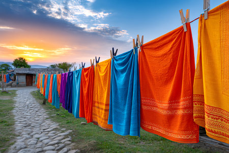 Vibrant fabrics hanging on a clothesline, drying in the warm glow of sunset in a peaceful rural villageの素材