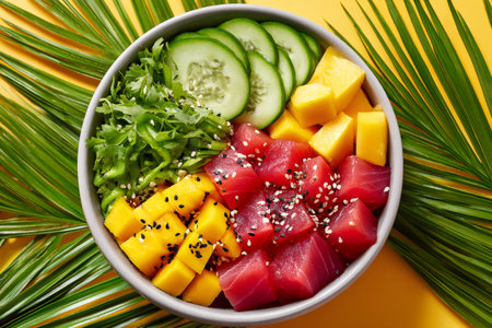 Healthy tuna poke bowl with mango, cucumber, sesame seeds and coriander leaves served in a bowl on a yellow background with palm leavesの素材