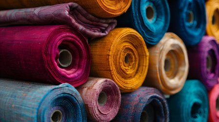 Rolls of colorful silk fabrics are stacked, showcasing a variety of textures and colorsの素材