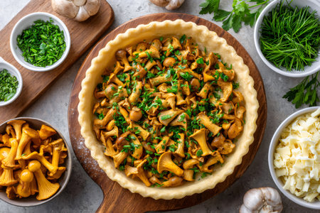 Preparing a delicious chanterelle mushroom tart with fresh parsley, chives, grated cheese, and garlic on a rustic kitchen tableの素材