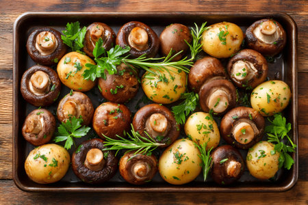 Delicious roasted mushrooms and baby potatoes seasoned with fresh rosemary and parsley on a baking tray, creating a flavorful and aromatic dishの素材
