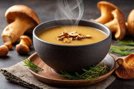 Hot mushroom cream soup is steaming in a black bowl, garnished with sautÃ©ed mushroomsの素材