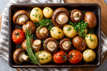 Delicious roasted vegetables with herbs, creating a flavorful and healthy mealの素材