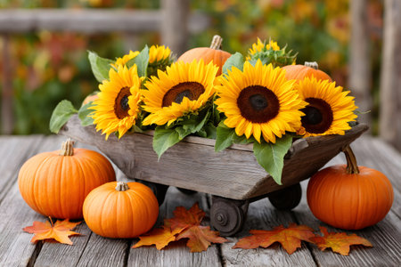 Sunflowers and pumpkins arranged in a wooden wheelbarrow, surrounded by fall leaves, create a beautiful autumn centerpieceの素材