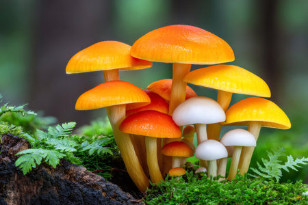 Cluster of colorful mushrooms thriving in a lush forest environmentの素材