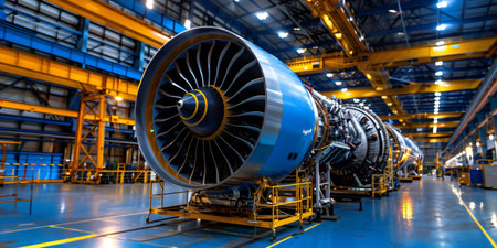 Modern turbofan jet engine stands in aircraft assembly plant during maintenance operationsの素材