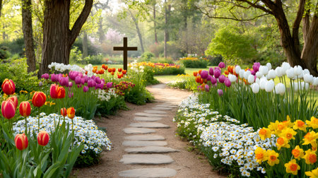 Colorful tulips, daffodils, and daisies blooming along a stone path leading to a cross in a peaceful gardenの素材