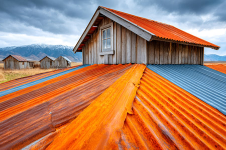 Rusty orange metal roof and wooden barn with snowy mountain range in the background, creating a captivating rural sceneの素材