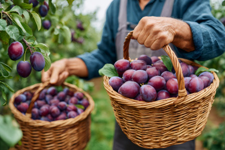 Farmer carrying wicker baskets overflowing with freshly picked plums, during harvest season in plum orchardの素材
