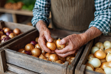 Close up of a farmer's hands selecting onions from a wooden crate, showcasing the quality of the harvestの素材