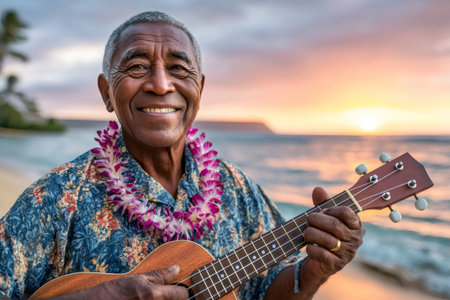 Elderly Hawaiian musician wearing a lei and playing ukulele on the beach at sunsetの素材