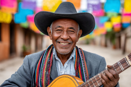 Senior mariachi musician smiling and holding a guitar in a colorful street in Mexicoの素材