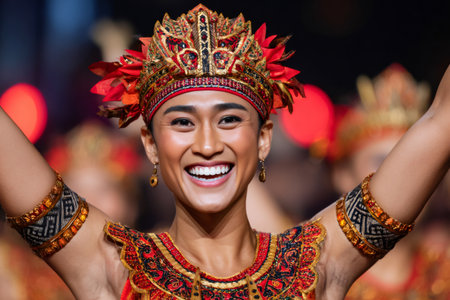 Young Balinese woman wearing traditional costume smiling during a performanceの素材