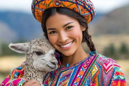 Young Peruvian woman wearing traditional Andean clothing holds a baby alpaca and smiles in the Andes mountainsの素材