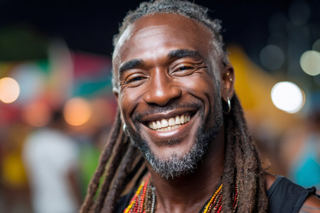 Close up of a cheerful Rastafarian man enjoying the vibrant atmosphere of a night eventの素材