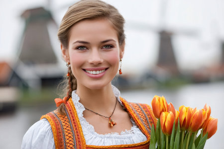 Young smiling Dutch woman is holding orange tulips with windmills in the backgroundの素材