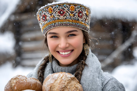 Young woman wearing traditional Russian kokoshnik holding freshly baked bread while smiling in snowy winter settingの素材