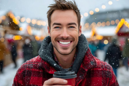 Happy man drinking a hot beverage at a Christmas market during snowfall, enjoying the festive atmosphereの素材