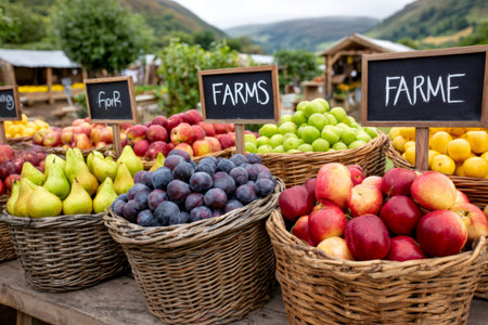 Wicker baskets overflowing with ripe apples, plums, pears, and other fruits, create a vibrant display at a local farmers marketの素材