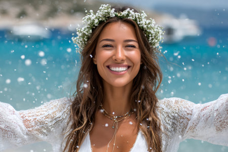 Bride wearing flower crown enjoys wedding ceremony on beach with falling petalsの素材