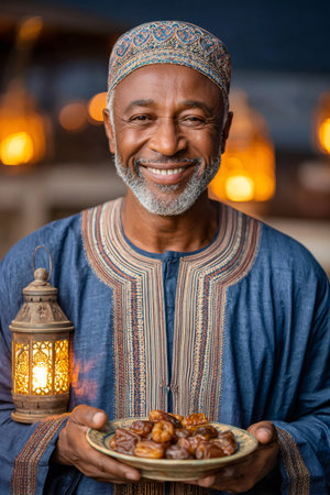 Happy senior Muslim man holding a plate of dates and a lantern, celebrating Ramadanの素材