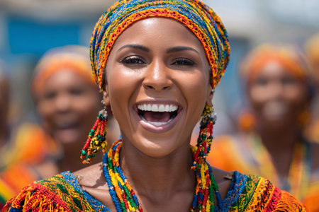 Brazilian woman with colorful costume and headwrap smiles broadly, celebrating her cultureの素材