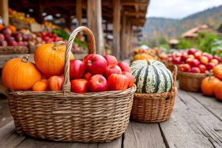 Red apples and orange pumpkins spilling from wicker baskets at a harvest market stallの素材