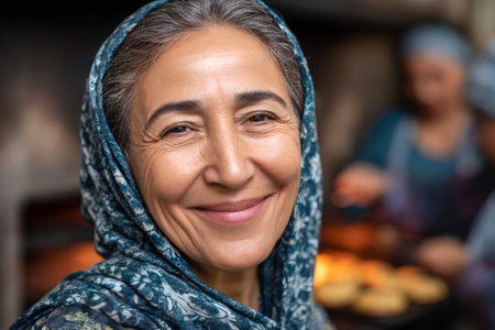 Portrait of a cheerful senior Muslim woman wearing traditional clothes and smilingの素材