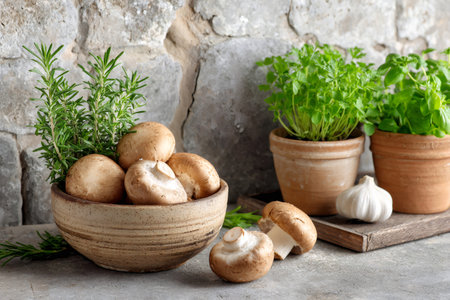 Fresh brown mushrooms in a bowl with rosemary, potted parsley, basil, and garlic displayed on a kitchen counterの素材