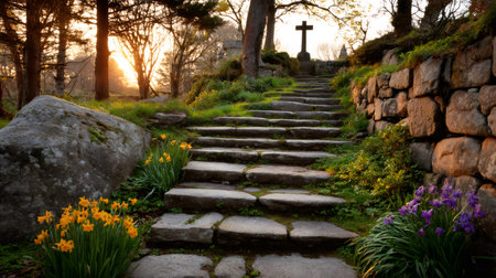 Stone steps ascend towards a cross in a tranquil garden, bathed in the golden light of sunsetの素材