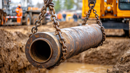 Excavator lifting a large rusty metal pipe with chains at a construction siteの素材