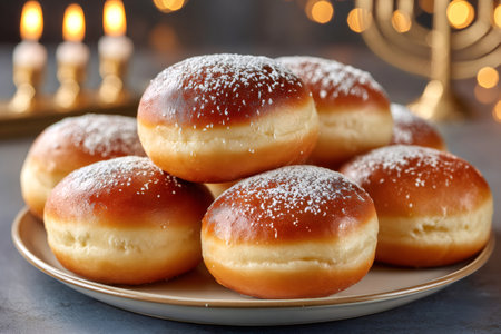 Sufganiyot, traditional jelly doughnuts, dusted with powdered sugar, are served on Hanukkah, the Jewish festival of lights, next to a menorahの素材