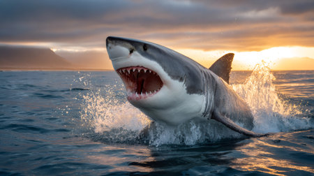 Great white shark jumping out of the water at sunset with mouth wide openの素材