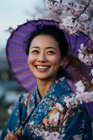 Japanese woman wearing traditional kimono, holding purple parasol and smiling under blooming cherry blossomsの素材