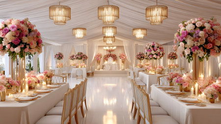 Luxurious wedding venue showcasing a beautifully decorated reception with pink floral arrangements, golden accents, and elegant chandeliersの素材