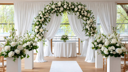 Elegant wedding ceremony setup featuring white floral arrangements, a floral arch, and draped curtains, creating a romantic ambianceの素材