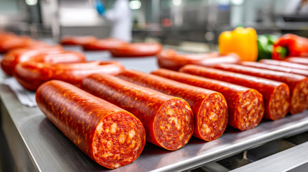 Chorizo sausages lying on conveyor belt in food processing plantの素材