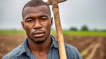Portrait of confident young African farmer holding hoe over shoulder in cultivated fieldの素材