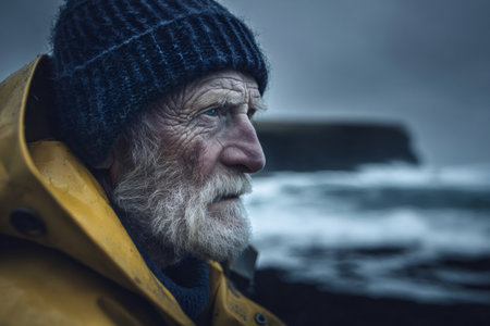 Portrait of an old fisherman wearing a yellow raincoat and wool hat, looking at the rough sea with a worried expressionの素材