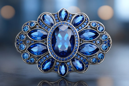 Elegant silver brooch adorned with dazzling blue gemstones, reflecting on a polished surface, exudes luxury and sophisticationの素材
